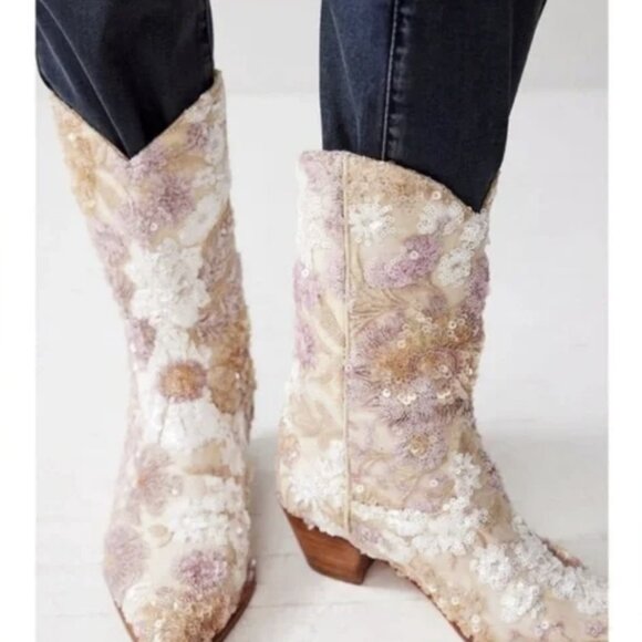 Free People x MomoDesign Selina Sequin Embroidered Western Boots Size 40 / US 10 - Picture 1 of 9